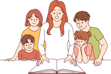 Kadın öğretmen mutlu çocuklara ilginç bir kitap gösteriyor ve gülümsüyor, seviniyor, çocuklara bilgi veriyor. İlkokul öğrencileri arasında ilköğretim ve merakın gelişimi için çocuk kitabı