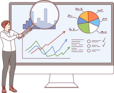 İnsan iş analisti CRM sisteminde büyük bilgisayar monitörünün yanında duran grafikleri gösteriyor. Müdür, CRM 'yi istatistikleri korumak ve şirket çalışanlarının KPI' sini izlemek için kullanıyor