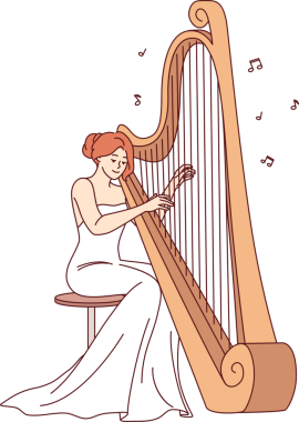 Kadın büyük arp çalıyor, senfoni konserinde ya da klasik müzik festivalinde çalıyor. Dişi müzisyenlerin yanında arp çalıp opera uzmanları için akustik müzik gösterisi düzenliyorlar.