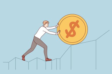 Hırslı bir adam altın sikkeyi yukarı itiyor, bu da iş ve yatırımın gelirini artırma arzusunu gösteriyor. Hırslı yatırımcı finansal refahı artırmak ve aşırı gelir elde etmek için çalışır.