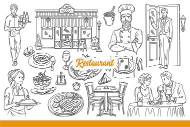 Aşçılar, garsonlar ya da kafeterya ziyaretçileri yakınlarındaki restoran yazıtları, kamu yemek endüstrisi için. Restoran binası cephesi ve şef tarafından hazırlanmış lezzetli yemekler. El çizimi.