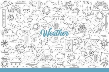 Hava ve iklim, kışın, yazın ve sonbaharın baharda başladığını sembolize eder. Dergide hava tahmini tasarımı için kar taneli bulutlar, güneş veya ay. El çizimi.