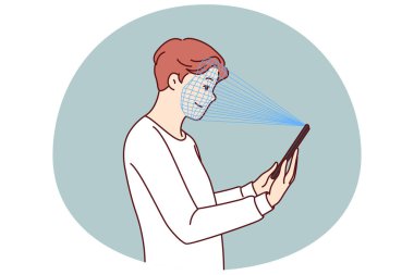 Adam telefondaki yüz tanıma özelliğini doğrulama ve uygulama erişimi için kullanıyor. Akıllı telefonu olan adam şifreyi girmek yerine doğrulama veya kimlik doğrulama için biyometrik görüntüler alıyor.