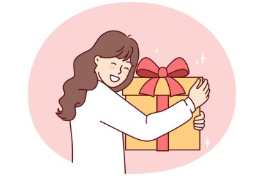 Teenage girl with big gift box with red ribbon smiling overjoyed at unexpected surprise from parents or friends. Positive child is happy to receive gift in honor of birthday or Christmas Eve clipart