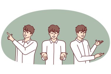 Farklı yönleri gösteren bir adam danışmanlık ya da müşteri destek hizmetleri sunuyor ve ilgi çekici soruları cevaplıyor. Birbirinin aynısı üç adam el işaretleriyle işaret eder.