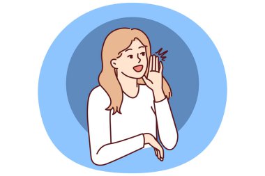 Kadın kıt kanaat bağırarak sezonluk satışın ya da indirimlerin başladığını ilan ediyor. Güzel kız organizatör promosyon ürünlerine ve servislere dikkat çekmek için bağırıyor.