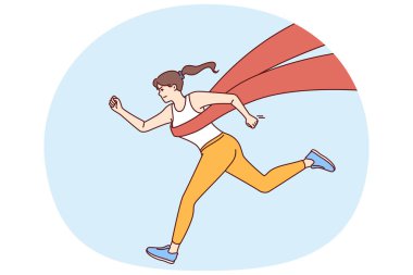 Bitiş bandıyla koşan bayan sporcu maratonda ya da toplu spor müsabakalarında zaferi simgeler. Kararlı duygulara sahip koşan kız şampiyonluğu kazanır ya da yeni hız rekoru kırar.