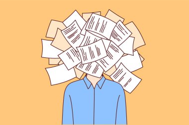 Bürokrasi ve evrak işlerinden muzdarip bir adam yüz yerine bir sürü belgeyle ayakta duruyor. İşletme sürecini dijitalleştirmesi gereken iş adamının beynini tıkayan evrak sorunu