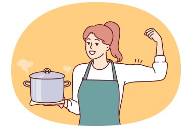 Kadın aşçı elinde bir tencere çorba tutuyor ve kompleks yemek pişirme yeteneğinin göstergesi olarak pazılarını gösteriyor. Önlüklü kız gülümsemesi sağlıklı malzemelerden lezzetli ev yapımı yemekler yemeye davet ediyor.