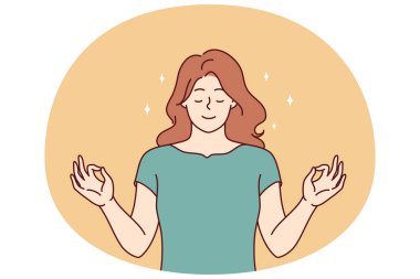 Serene kadın meditasyon yapıyor Mudra hareketi yapıyor ve düşünceleri düzene sokmak için yoga yapıyor. Huzurlu kız düşünceleri ve duyguları arındırmak için elleri ile meditasyon yapan Mudra tasvir ediyor..