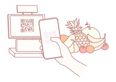 QR kodu ve bakkaliye illüstrasyonuyla modern bir çıkış. Nakitsiz kolaylığı vurguluyor.
