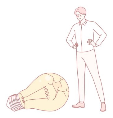 Bir adam, minimalist bir tarzda gösterilmiş kırık bir ampule bakıyor.