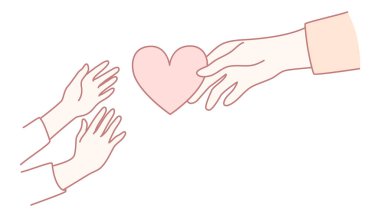 İnsanlar arasındaki sevgi ve bağlantıyı sembolize eden, bir kalbi nazikçe değiş tokuş eden iki eli resmeden sanatsal bir çizim.