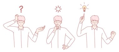 Yaratıcı düşünme sürecinin çeşitli aşamalarını tasvir eden bir çizim. Kafa karışıklığı, düşünce ve yenilik.