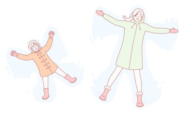 İki neşeli şahsiyet, karlı ve sakin bir arazide kar melekleri yapıyor. Kış oyununun zevkini yakalıyorlar.