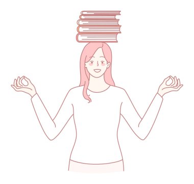 Huzurlu bir illüstrasyon, kitapların dengelenmesini, bilgeliği, bilgiyi ve farkındalığı sembolize eden birini gösterir.