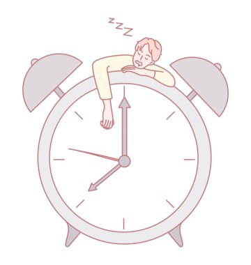 Kaprisli ve yaratıcı bir illüstrasyon. Aşırı büyük bir çalar saatin üzerinde huzur içinde uyuyan bir insan.