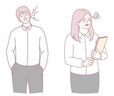 Neşeli bir erkek meslektaşı ve kızgın bir kadın meslektaşıyla birlikte iş yeri dinamiklerini gösteren bir illüstrasyon.