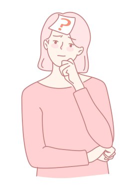 Düşünceli bir kadın, üzerindeki soru işaretiyle derin derin düşünür, merakını ve bilgi arayışını sembolize eder.