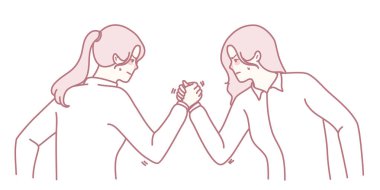 Canlı bir illüstrasyonda iki kadın bilek güreşinde rakiplerini gösteriyorlar.