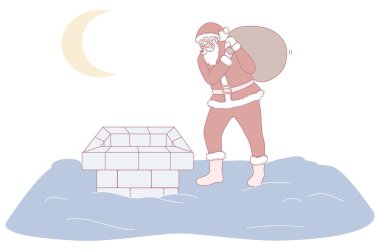Noel Baba gururla bir bacanın yanında duruyor, parlak ay ışığı altında hediyeleri teslim etmenin eğlenceli bir görev olduğunu düşünüyor.