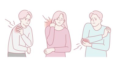 Vektör sanatı, omuz ve kol ağrısını deneyimleyen, çeşitli ifadeler ve duygular sergileyen bireyleri betimler.