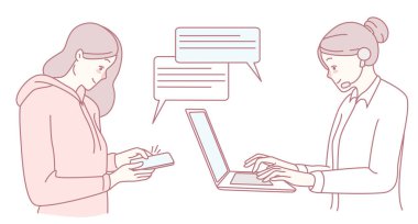 Bu sohbet ve metin ileti platformları kullanarak müşteri destek etkileşimini gösteren bir resimdir.