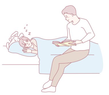 Sevgi dolu bir ebeveyn, huzur içinde uyuyan çocuklarına sıcak ve rahat bir uyku masalı okur.