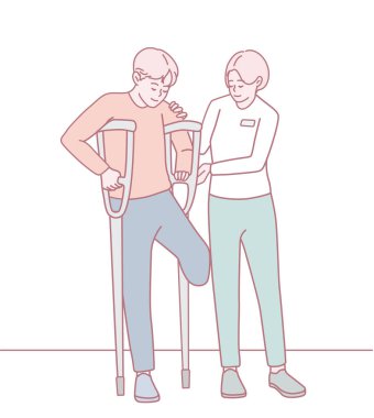 Koltuk değneklerini ve yardımsever bir arkadaşı gösteren bir çizim, iyileşme sürecinde desteğin önemini vurguluyor