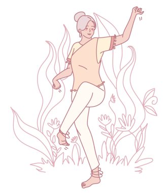 Bir dansçının canlı ve renkli bir tasviri kendini neşe içinde güzel çiçeklerin ve doğanın arasında ifade edişinin.