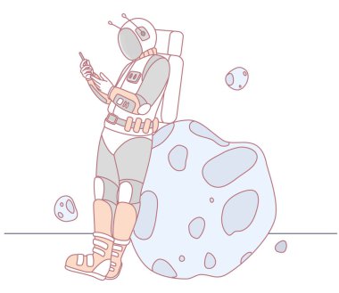Bir astronot, uzayda bir asteroide yaslanıp manzaranın tadını çıkarırken yüksek teknolojili bir cihazı kontrol eder.
