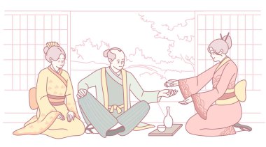 Huzurlu bir çay seremonisi sahnesinde güzel kimono giymiş karakterler sakin bir arka plana karşı dururlar.