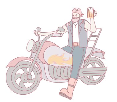 Rahat bir motorcu, soğuk bir birayla canlı bir motorsikletle özgürlüğünü ve maceranın heyecanını kutluyor.