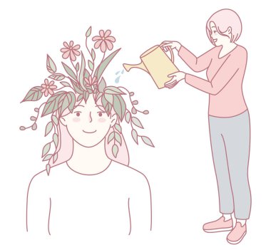 Bir illüstrasyon, kişisel gelişimi ve refahı sembolize ederek, bitkileri besleyerek kişisel bakımı tasvir eder.