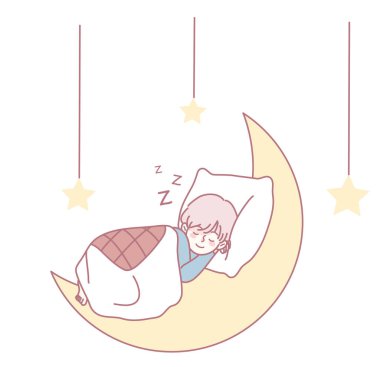 Yıldızların ortasındaki hilal bir ayda huzur içinde uyuyan bir çocuğun tuhaf ve hoş bir tasviri.