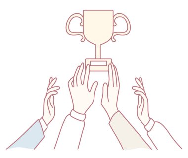 Bir illüstrasyon, başarı ve tanınmayı temsil eden bir kupa için hevesle uzanan birden fazla el tasvir eder.