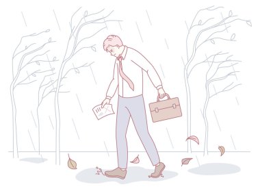 Yalnız bir adam yağmurun altında yürüyor, bir evrak çantası ve dağınık kağıtlar taşıyor, ağaçların arasında.