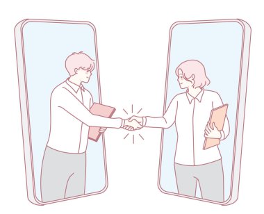 Çağdaş bir illüstrasyon her biri akıllı telefonundan yararlanan iki profesyonel arasında sanal bir tokalaşma sergiliyor.