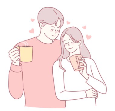 Sevgi dolu bir çift, sevimli kalpler ve sevinçle çevrili bir kahveyle samimi bir anı paylaşmaktan hoşlanır.