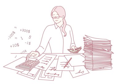 Evrak işleri ve hesap makinesi arasında karmaşık finansal verileri hesaplayan bir kadının çizimi.