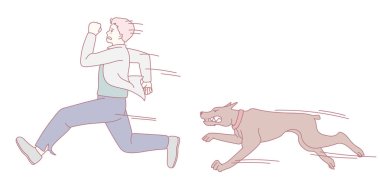 Bir insanın, kendisini kovalayan hızlı bir köpekten aceleyle uzaklaştığını gösteren ilgi çekici bir illüstrasyon.