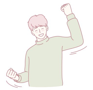 Neşeli genç bir adam coşkulu ve neşeli bir pozla mutluluğunu ve zaferini canlı bir şekilde ifade ediyor.