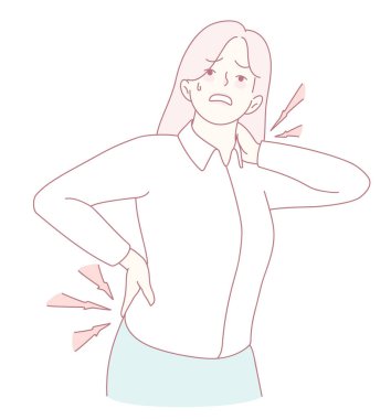 İş ortamında sırt ağrısı ve rahatsızlık belirtileri gösteren bir kadının resmedilmiş hali.