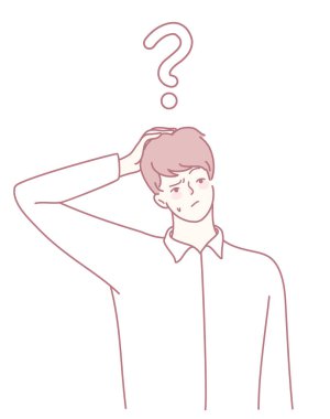 Şaşırtıcı bir illüstrasyon, kafası karışmış, hem merakı hem de belirsizliği sembolize eden genç bir adamı resmediyor.