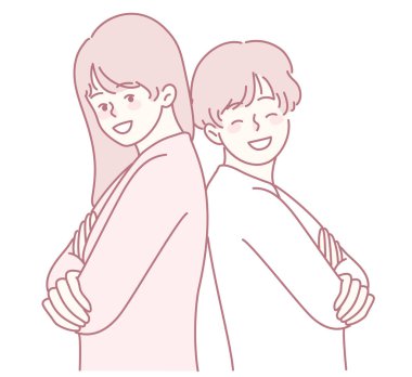 Sırt sırta verip eğlenirken neşe ve dostluk saçan iki arkadaşın neşeli bir çizimi.