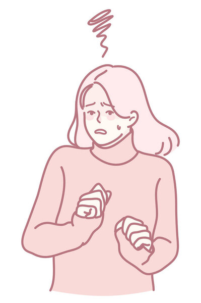 A sketch of a woman showing anxiety, expressing nervousness through her gestures and facial expression.