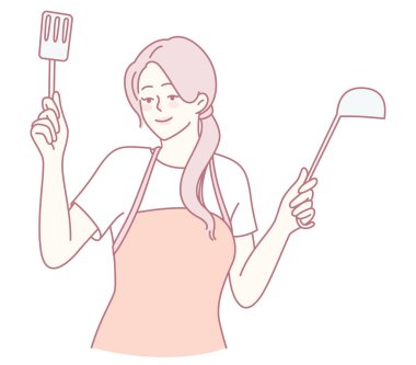 Renkli önlüklü neşeli bir kadın elinde spatula ve kepçeyle lezzetli bir yemek pişirmekten zevk alıyor.