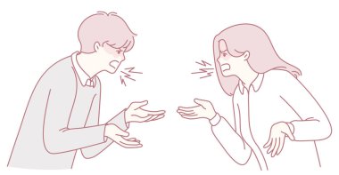 Çiftlerin hararetli tartışmalarını gösteren bir illüstrasyon. Duygularını ve artan gerilimi canlı bir şekilde vurguluyorlar.