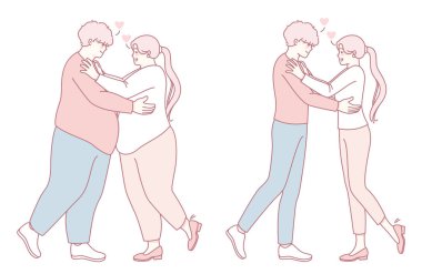 Birbirlerine aşık çiftleri gösteren, farklı vücut tiplerini kutlayan ve sevgiyi kucaklayan sıcak bir resim..