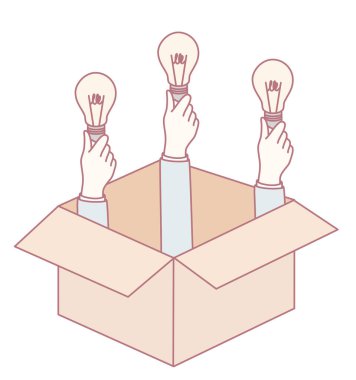 Ampuller yaratıcılığı ve ilhamı temsil eden bir kutudan çıkan yenilikçi fikirleri sembolize eder..